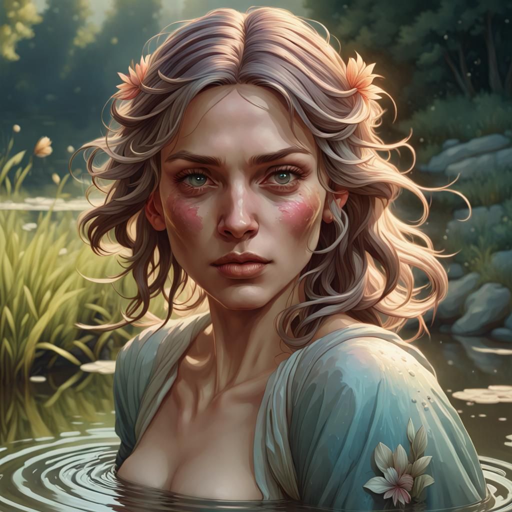 Woman at Pond: Hyperdetailed Portrait in Art Nouveau Style