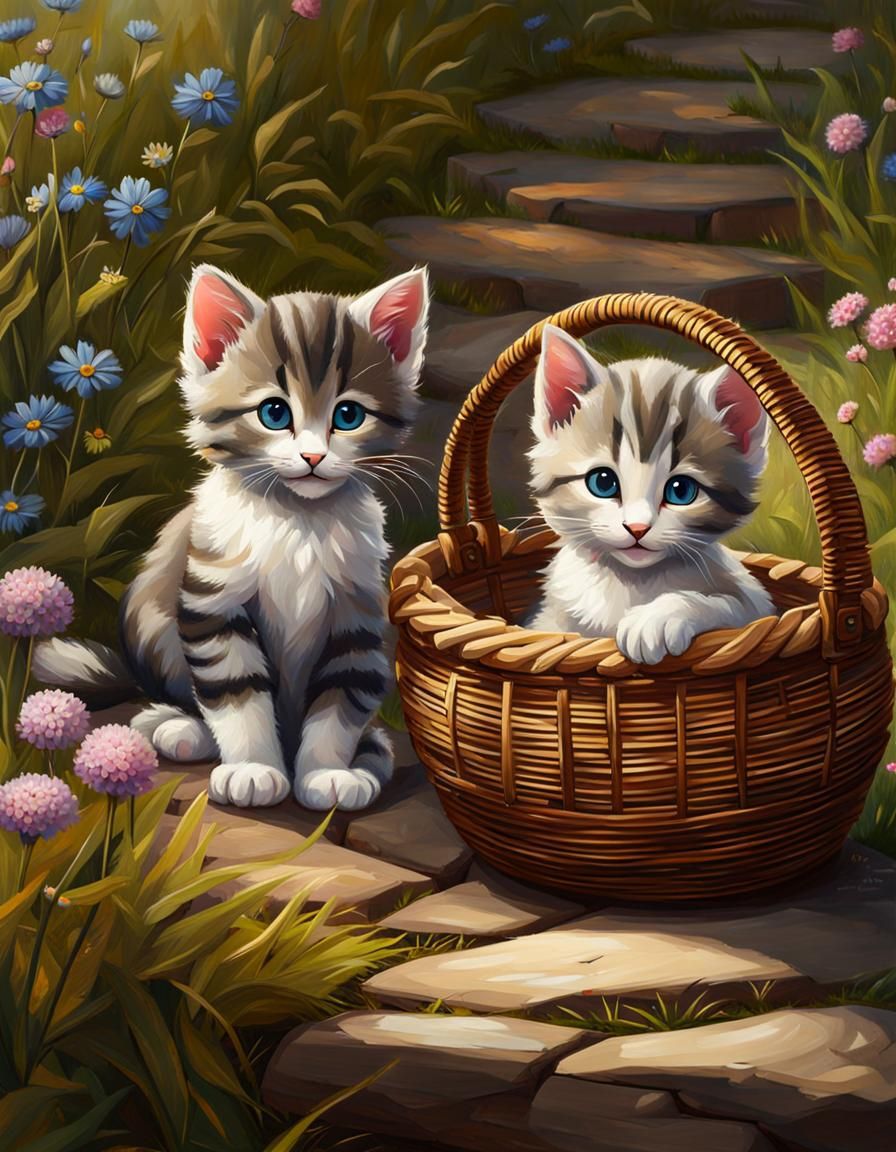 Cute Kittens in Basket, Folk Art Oil Painting