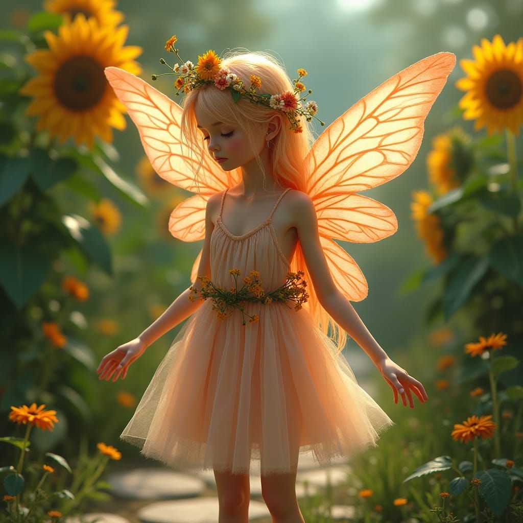 Ethereal Fairy in Vibrant Garden, Watercolor Style