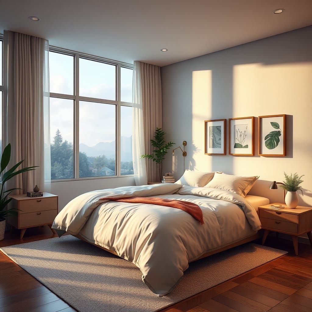 Serene Modern Bedroom with Plush King Bed, Digital Art
