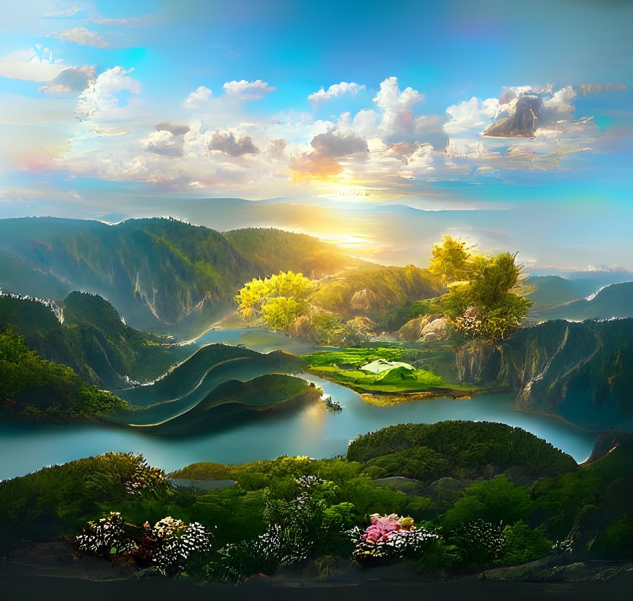 Lush Canyon Vista with Forest and Lake