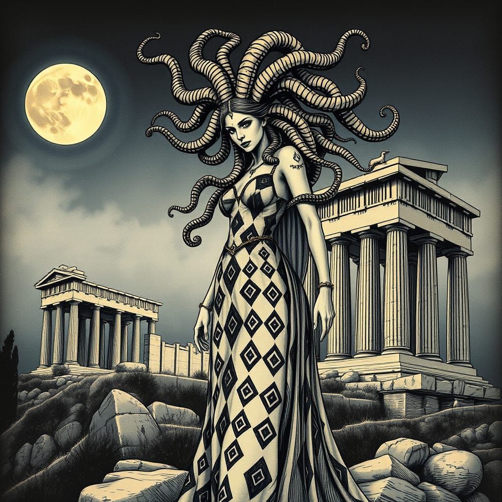 Harlequin Medusa Amidst Weathered Ancient Ruins