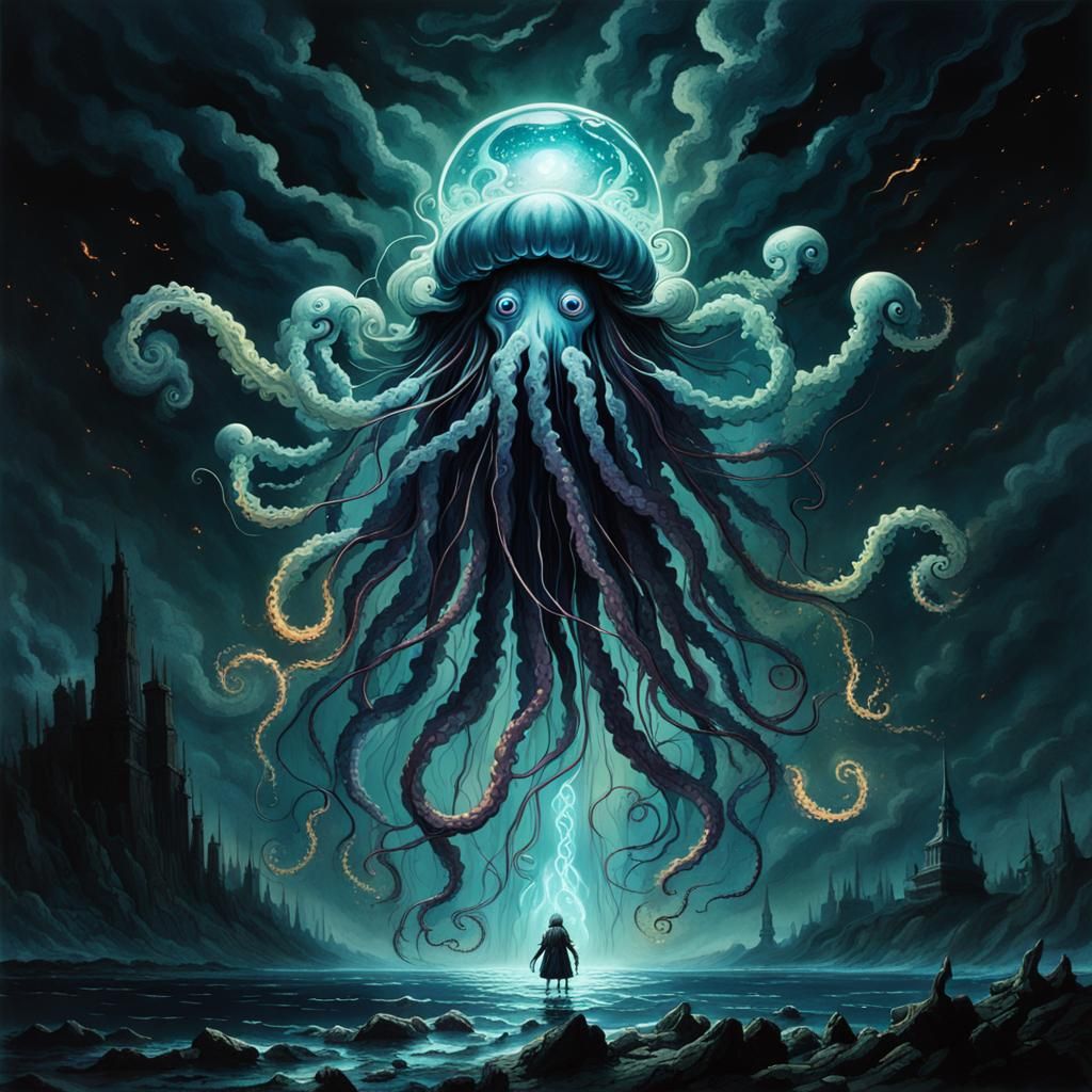 Eerie Jellyfish Monster on Cloud, Horror Illustration