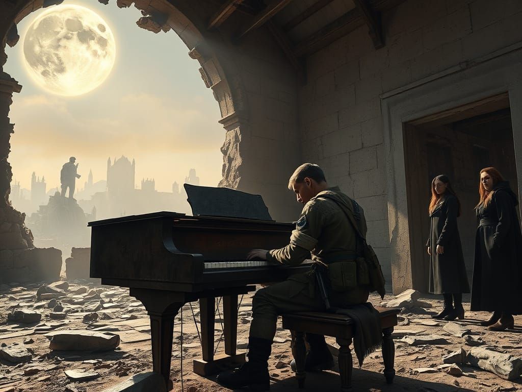 Soldier Plays Piano in Ruined Temple Under Glowing Lunar Rin...
