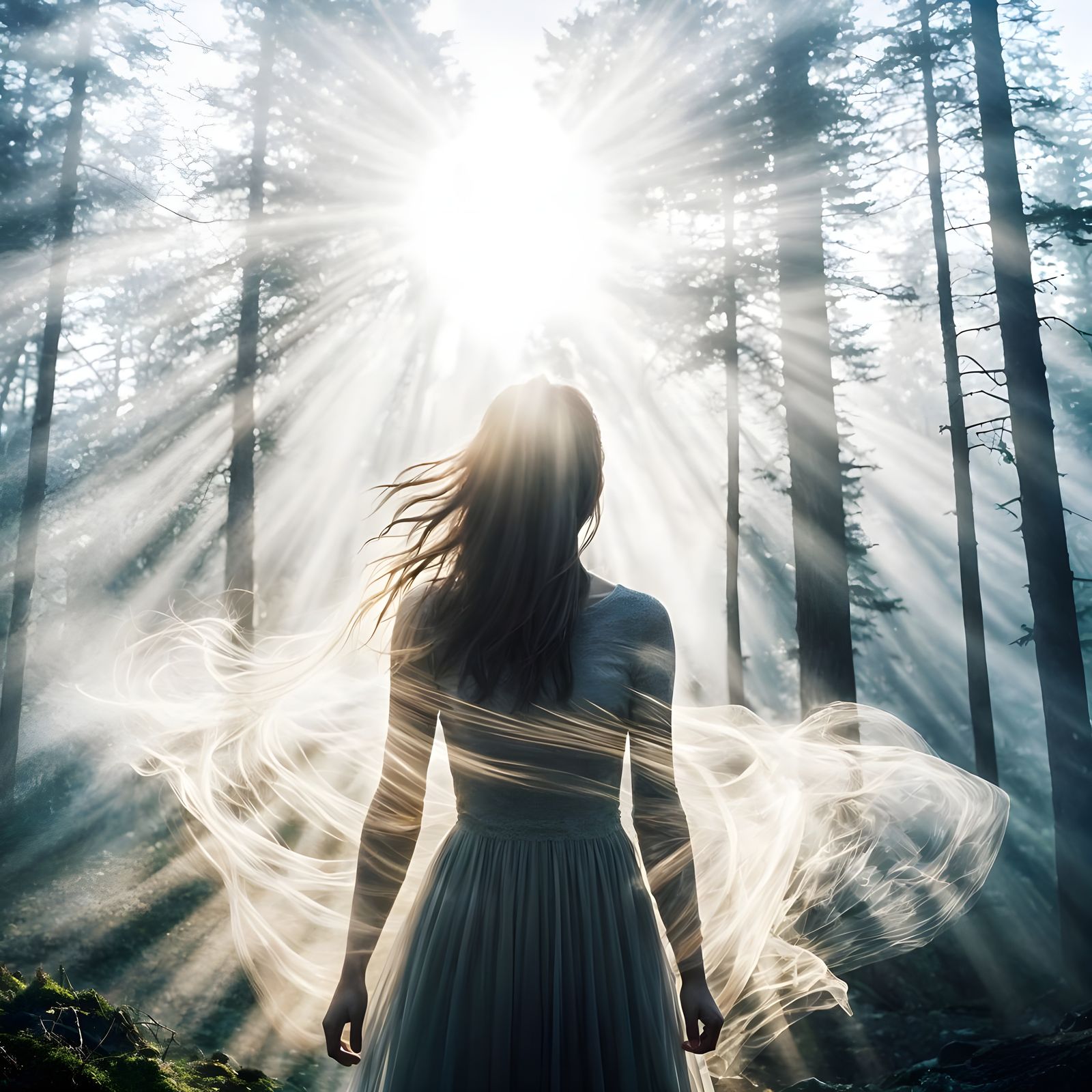 Dreamy Double Exposure: Girl in Misty Forest