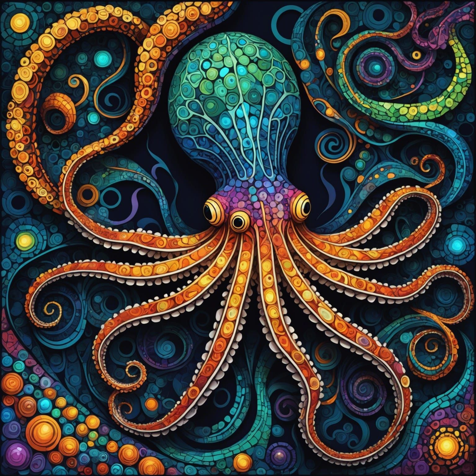 Luminescent Deep Sea Squid Mosaic