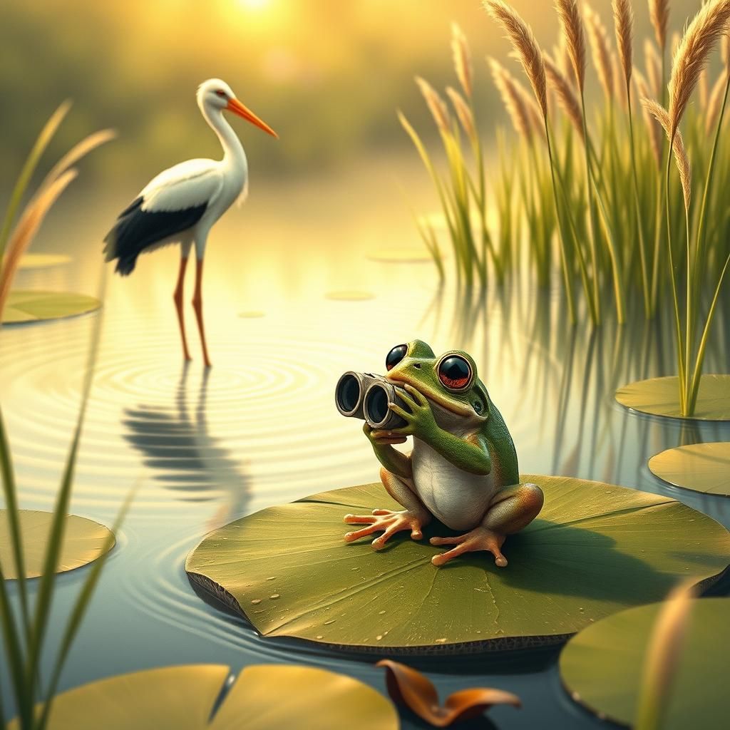 Frog with Binoculars Observes Stork in Swamp