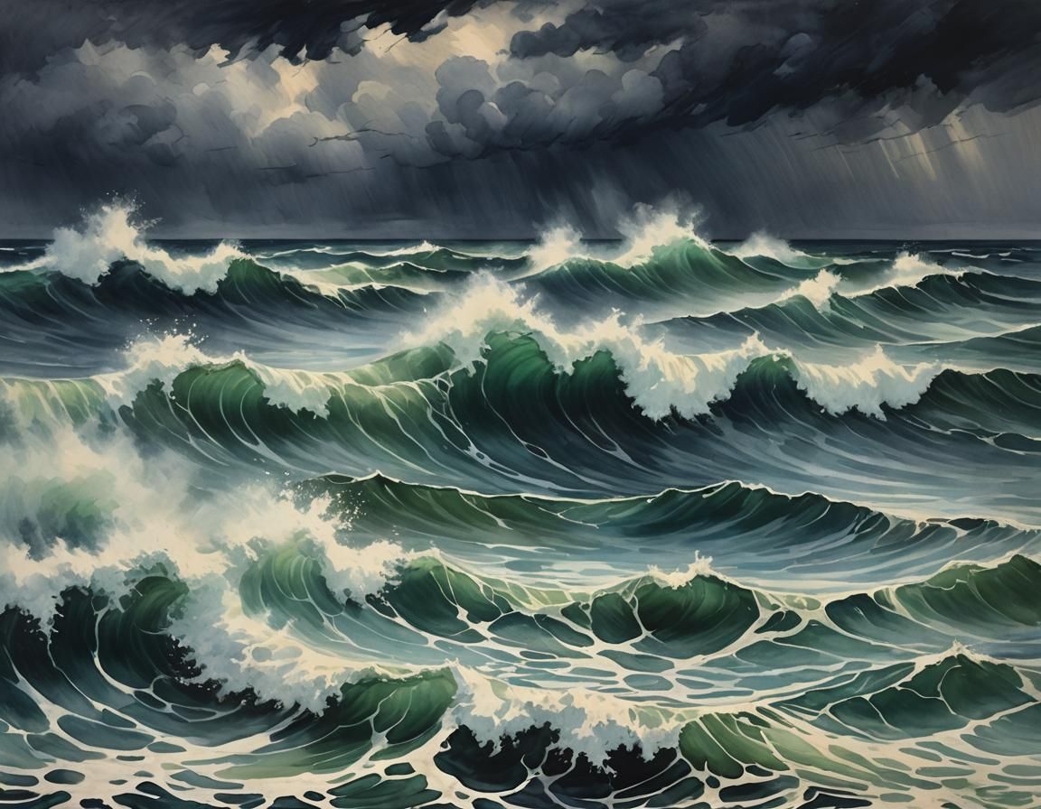 Stormy North Sea Waves in Gouache Watercolor