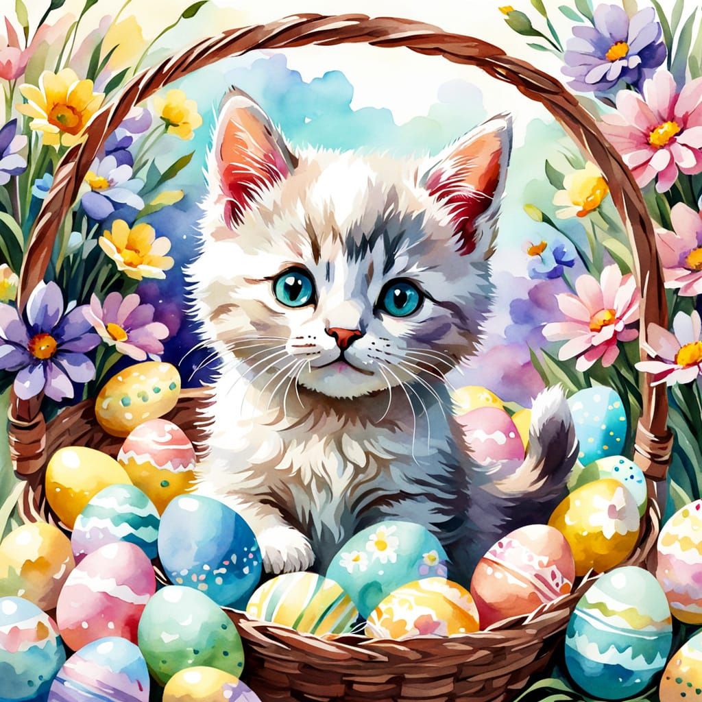 Whimsical Watercolor Easter Kitten in a Floral Basket