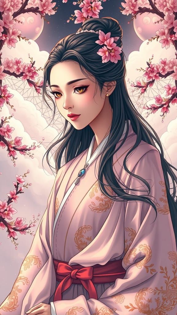 Ethereal Anime Goddess in Divine Cherry Garden