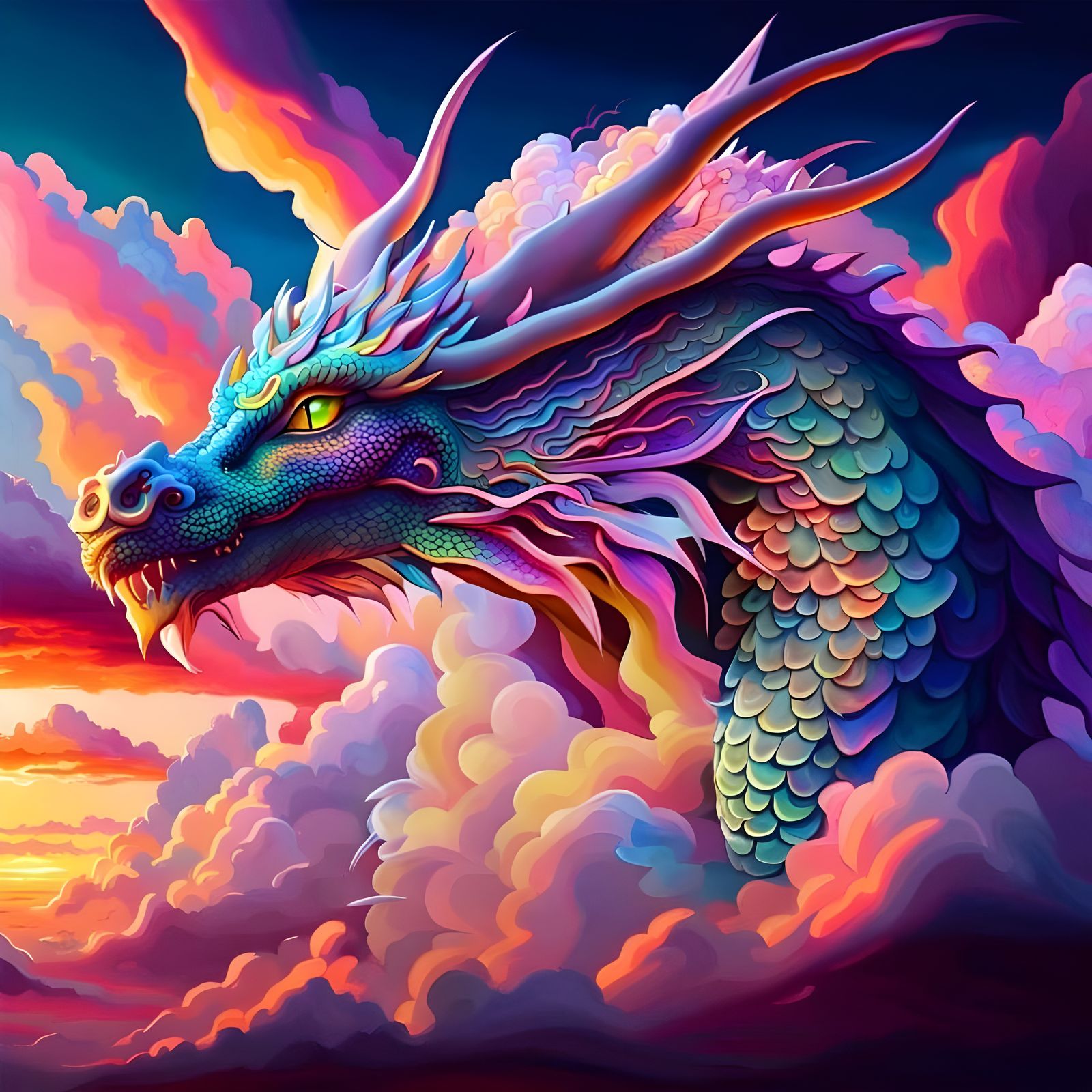 Opalescent Dragon Emerges from Sunset Clouds: Digital Art