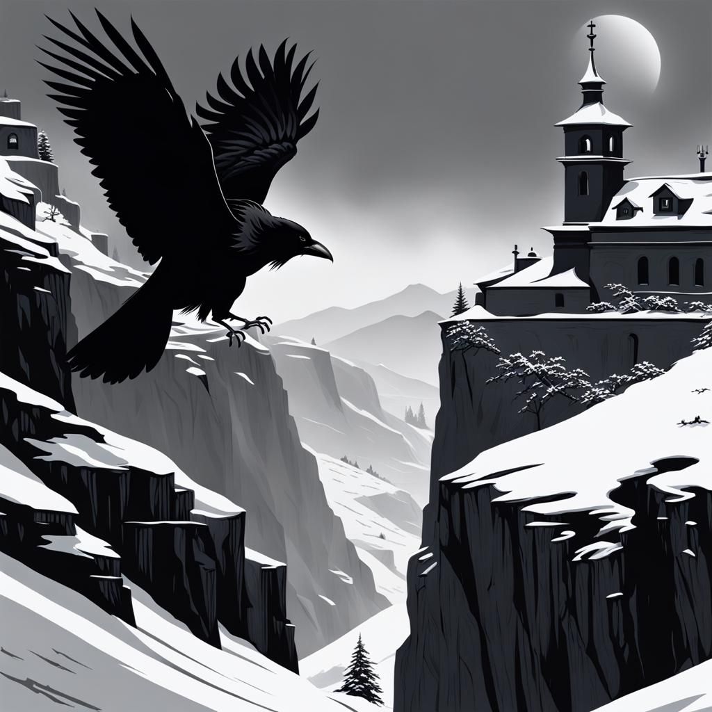 Demon Raven Guarding Cliff in Dreamcore Clockpunk Style