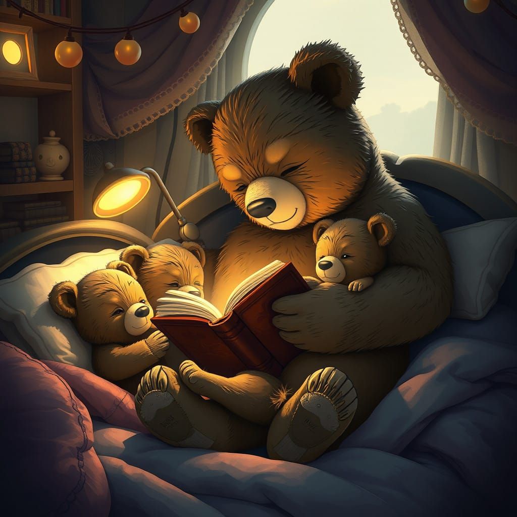 Teddy Bear Father Reads Bedtime Story to Cuddly Cubs in Whim...