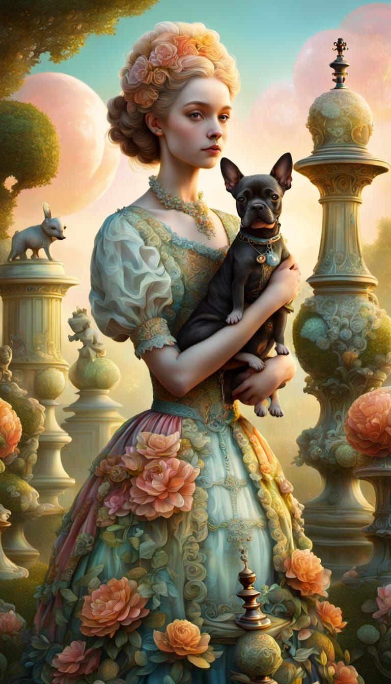 Rococo Lady with Dog in Garden Portrait