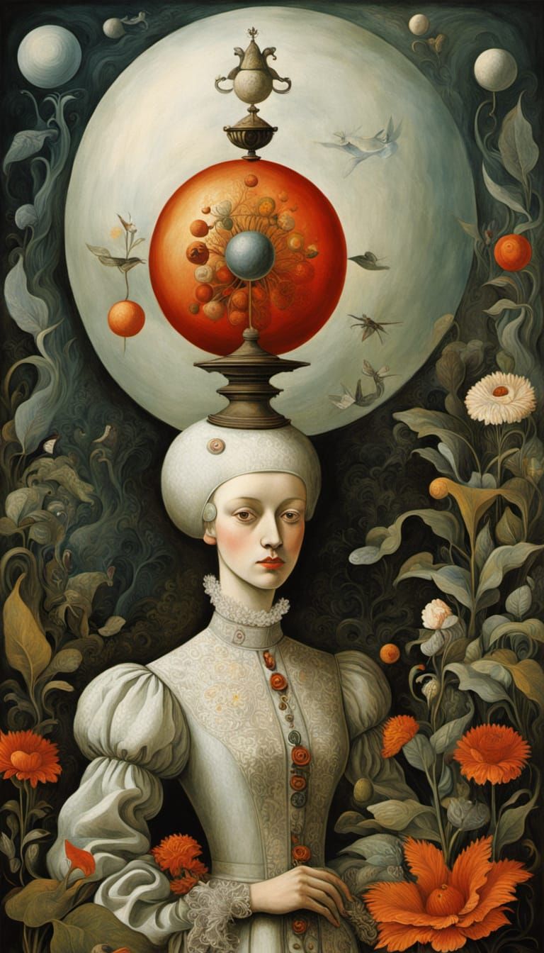 Surreal Rococo Lady with Chess Pieces, Acrylic Painting