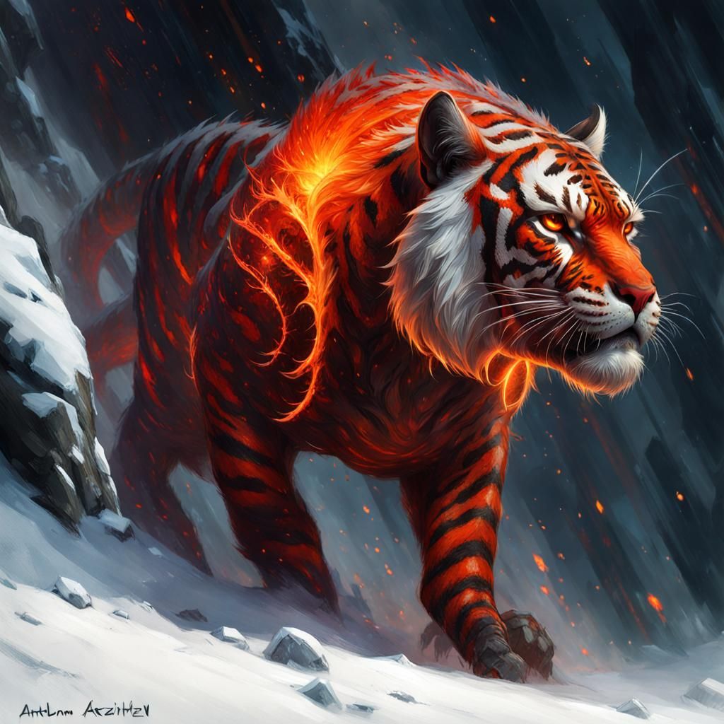 Hyper Detailed Lava Tiger Creature Concept Art