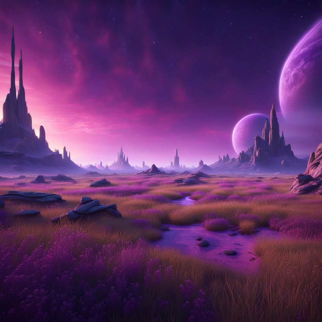 Alien Meadow Under Purple Starry Sky