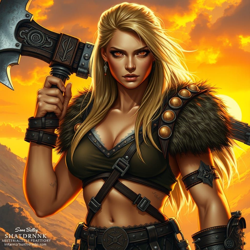 Heroic Barbarian Woman in Nordic Sunset