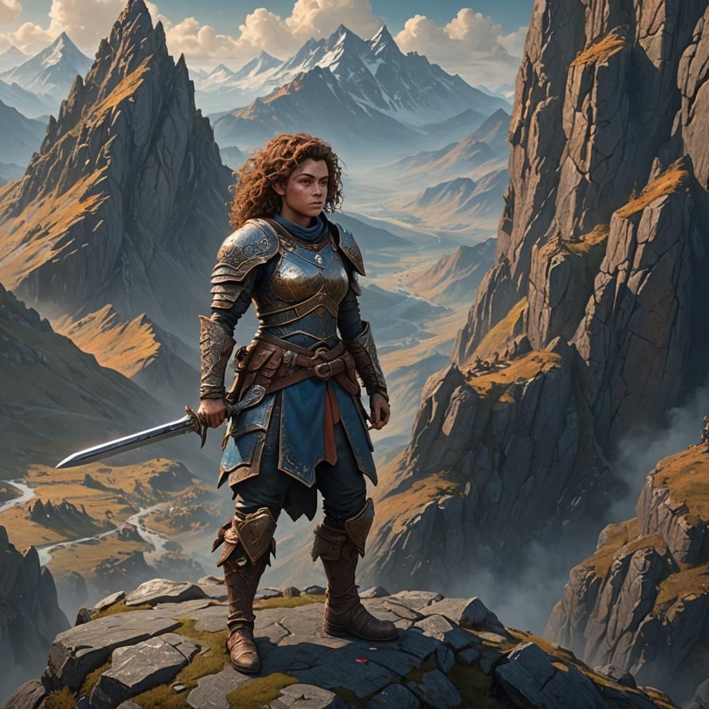 Female Dwarf Fighter on Mountain Peak: Fantasy Art