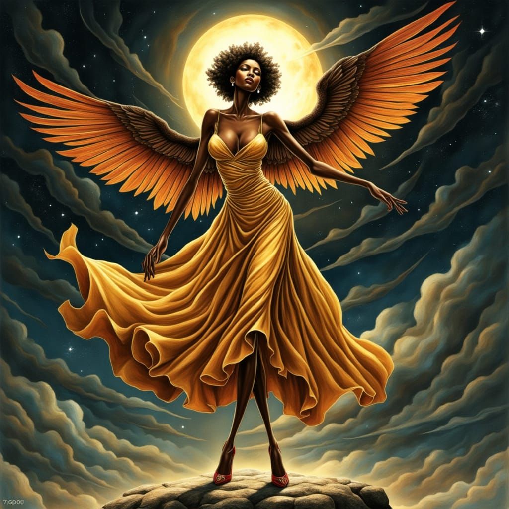 Winged Woman in Flame Dress, Art Nouveau Style