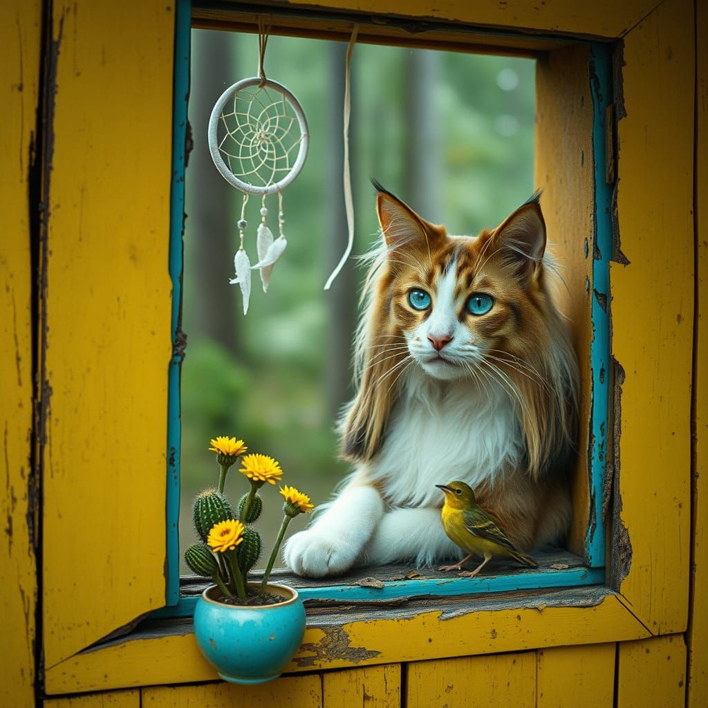 Cat and Dog Embrace in Ruined Forest