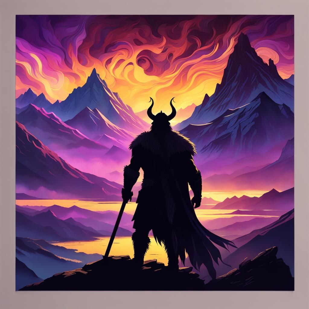 Viking Silhouette Over Mystical Mountain Range