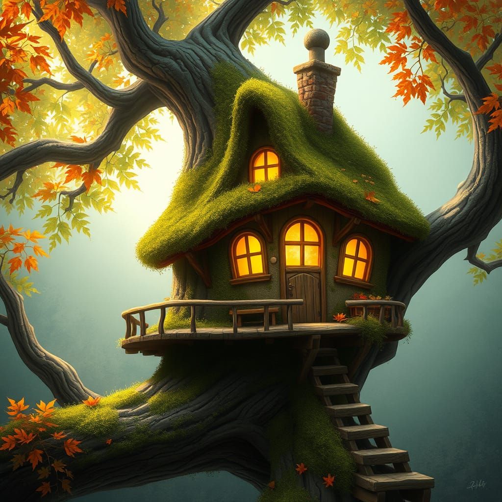 Whimsical Treehouse in Miyazaki-Inspired Style