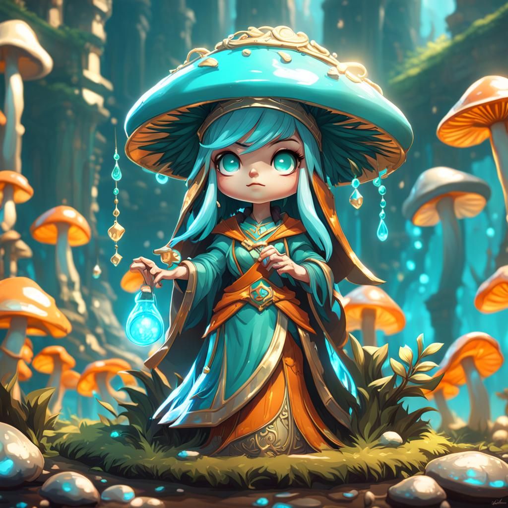 Chibi Mushroom Priestess in Ornate Digital Art Style