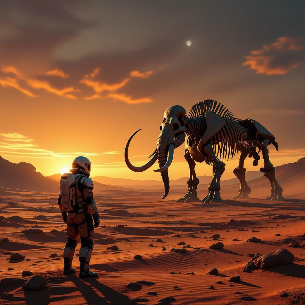 Man Gazes at Mammoth Fossil on Alien Planet at Sunset