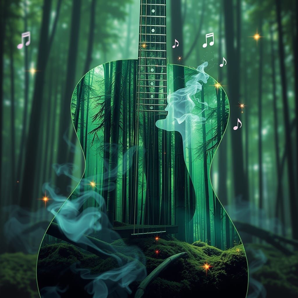 Ethereal Guitar Portrait in Glitch Art Style