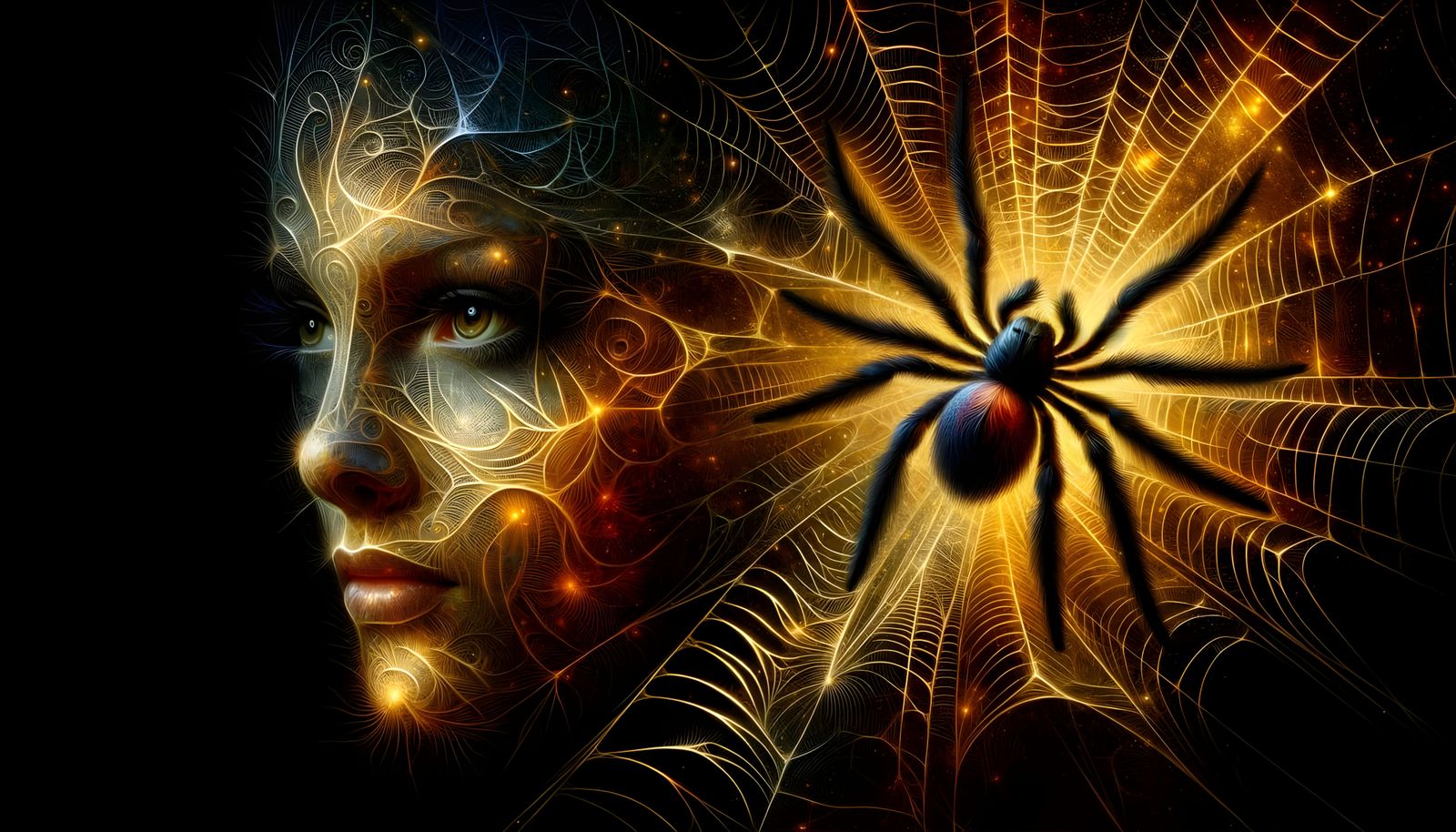 Ethereal Spiderweb Woman with Golden Webbing