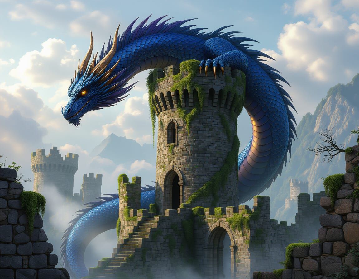 Majestic Dragon Coils Around Ruined Castle Tower