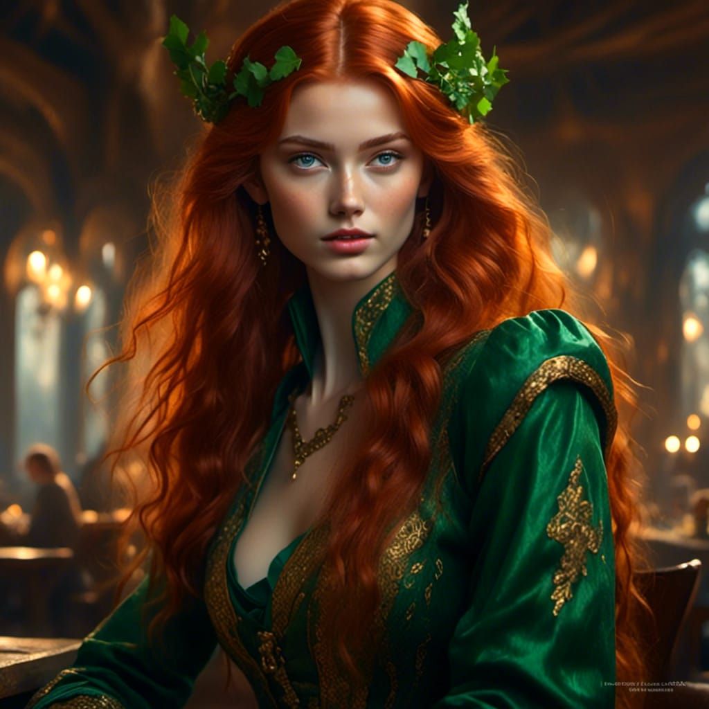 Red Haired Elf Woman with Peanuts Background