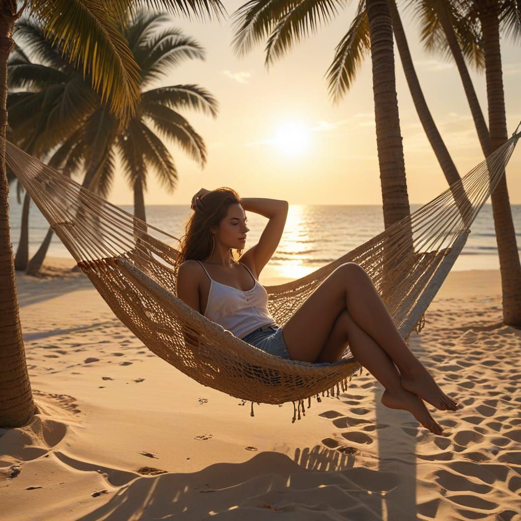 Woman Relaxing in Hammock at Sunset, Golden Hour