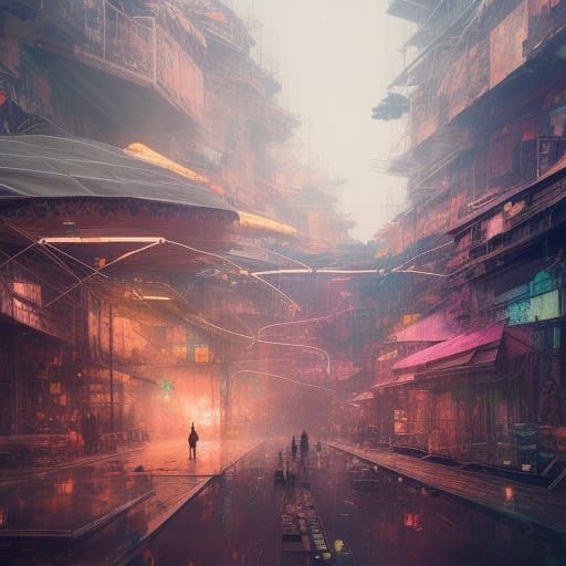 Intergalactic City Market with Brothel: Hyperdetailed Art