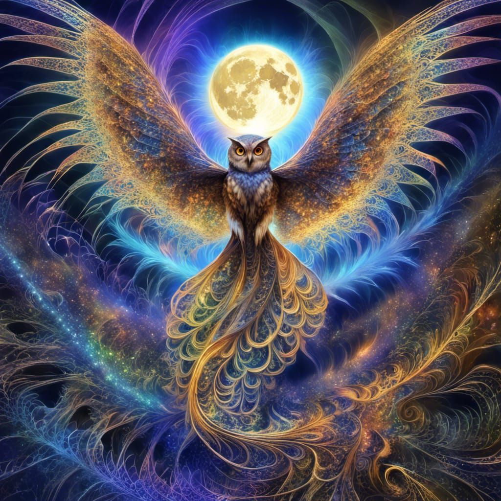 Bioluminescent Serpent Owl in Fractal Moonlight