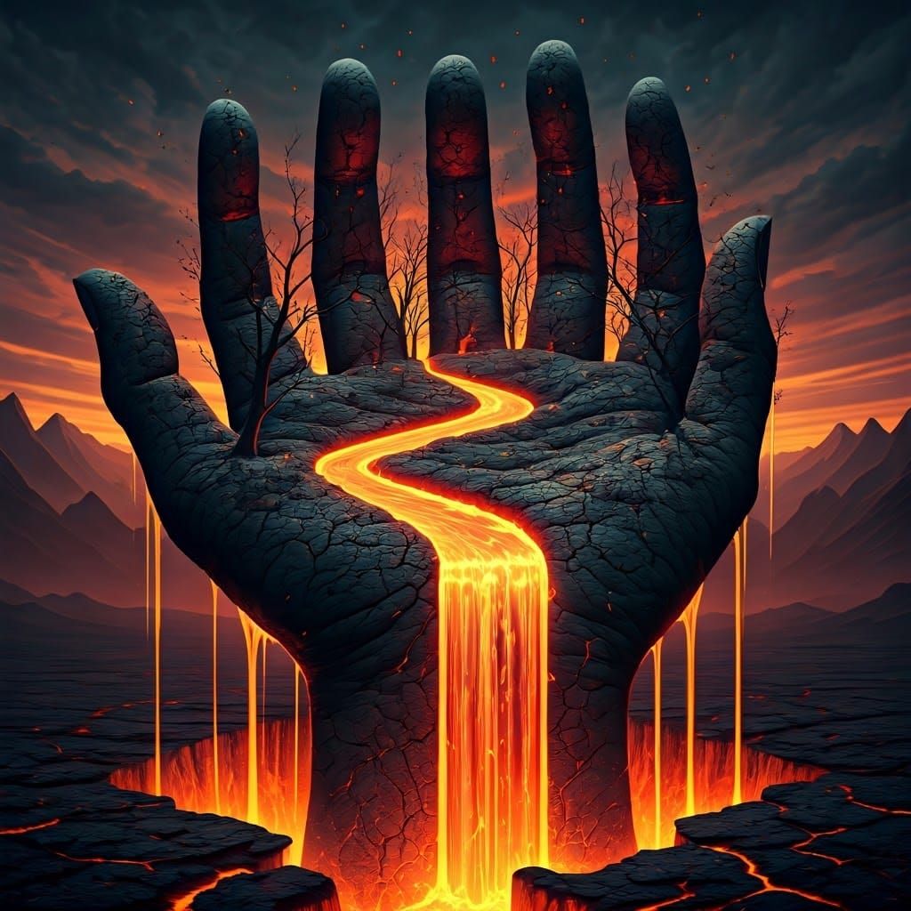 Surreal, Infernal Hand Erupts from Earth in Fiery, Magma-Lik...