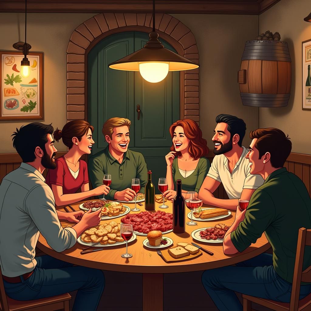 Friends Gather at Italian Osteria in Anime Style