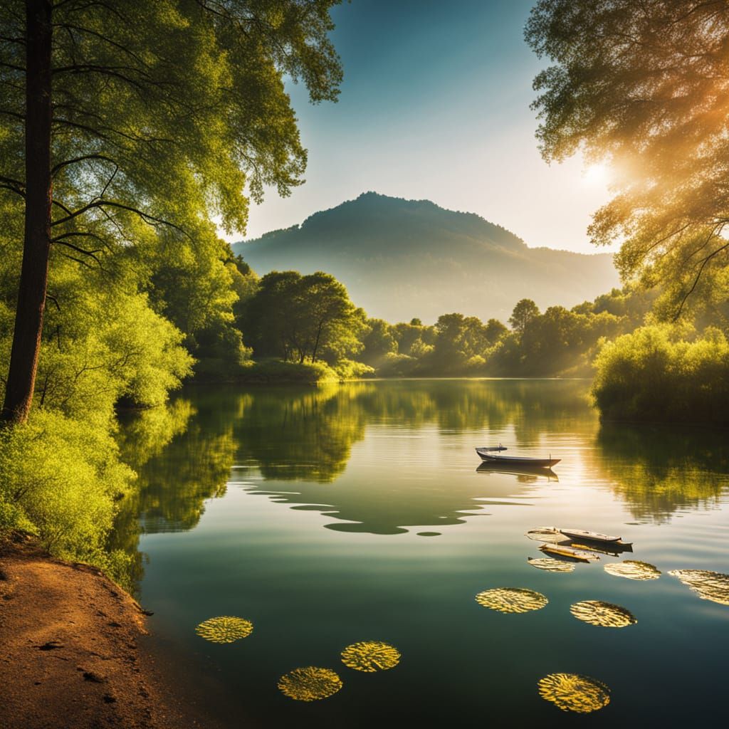 Serene Lake Landscape in Golden Sunlight