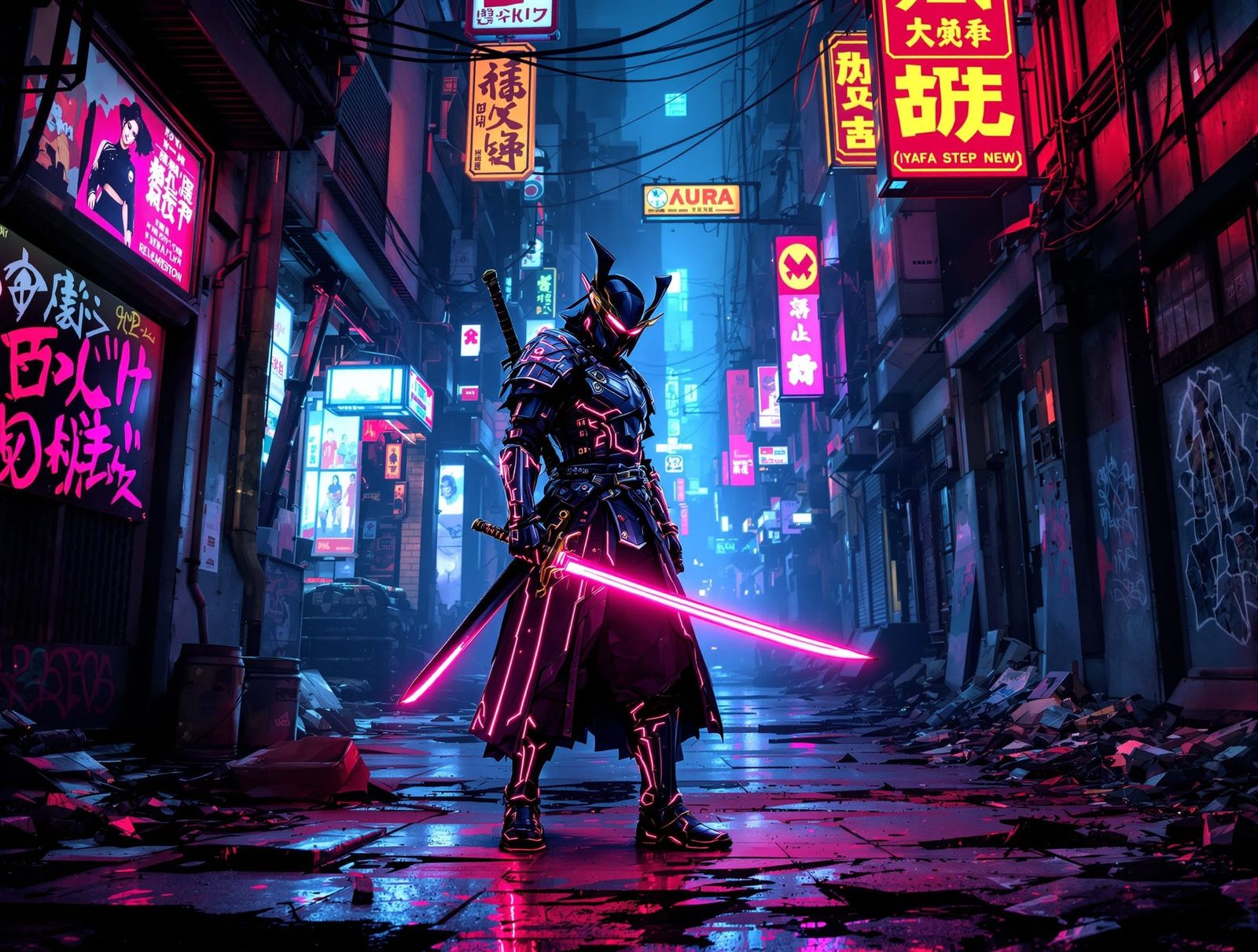 Cyberpunk Samurai Warrior in Neon Alleyway