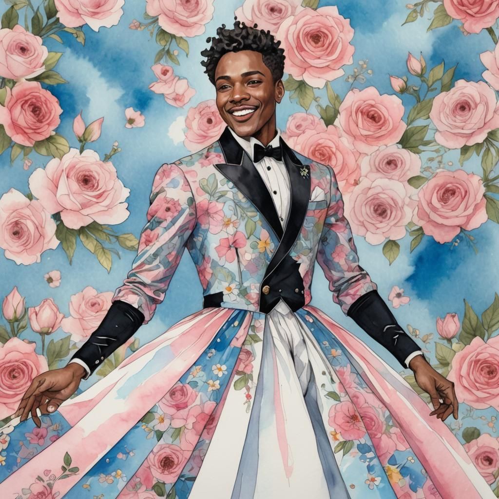 Joyful Figure in Ball Gown, Watercolor Illustration