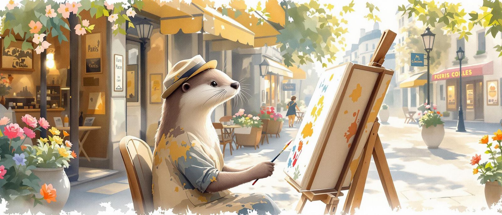 Otter Artist Painting Paris in Watercolour Style