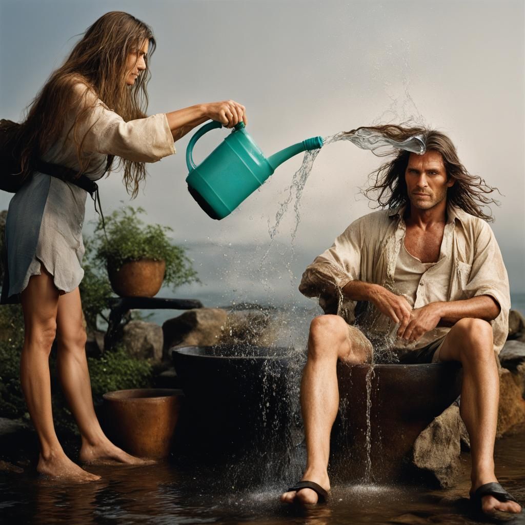 Woman Pouring Water on Man: Professional Portrait