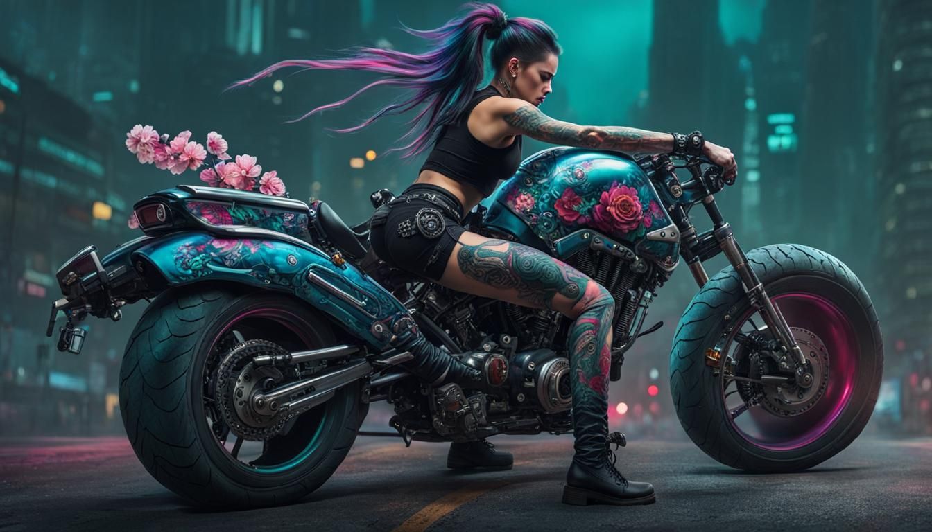Cyberpunk Woman with Katana Working on Motorcycle