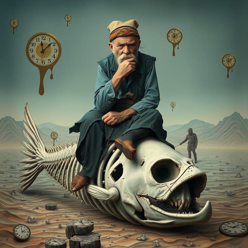 Surrealist Fisherman Sits atop a Worn Skeleton in a Dreamlik...