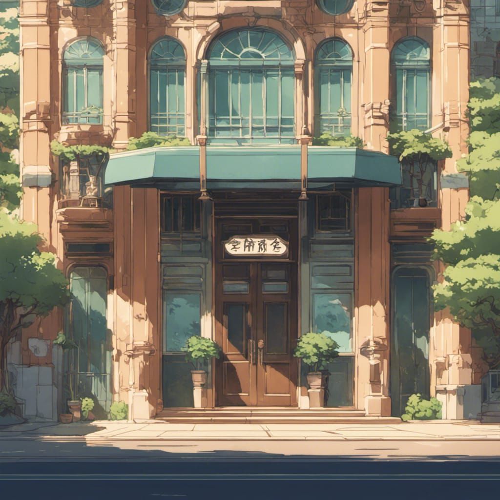 Art Deco Building in Anime Style, Ghibli Inspired