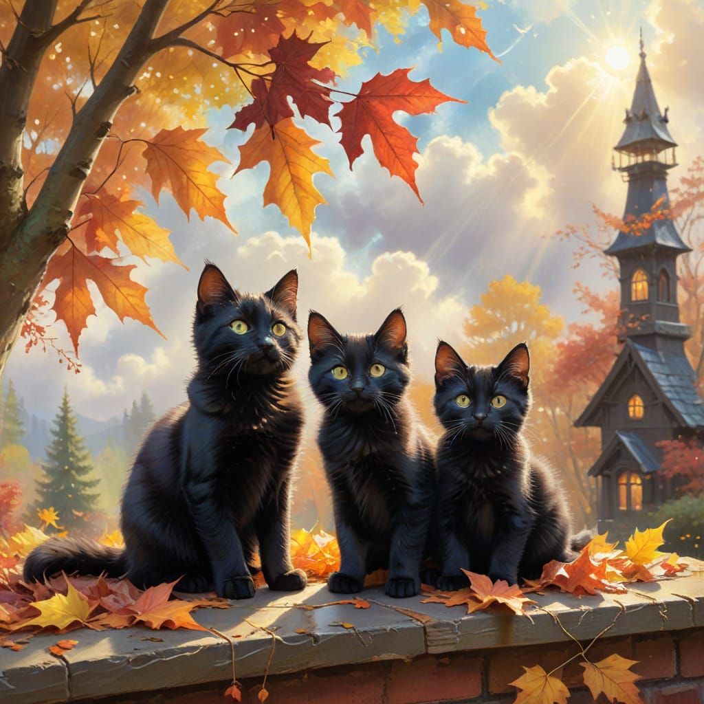 Whimsical Kittens in Fall Scene, Thomas Kinkade Style