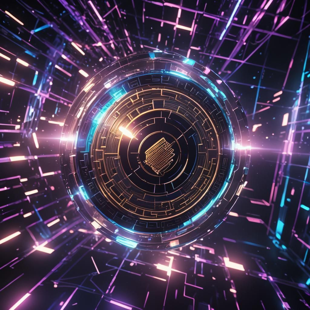 Futuristic Crystal Crypto Coin in Neon Lit Room