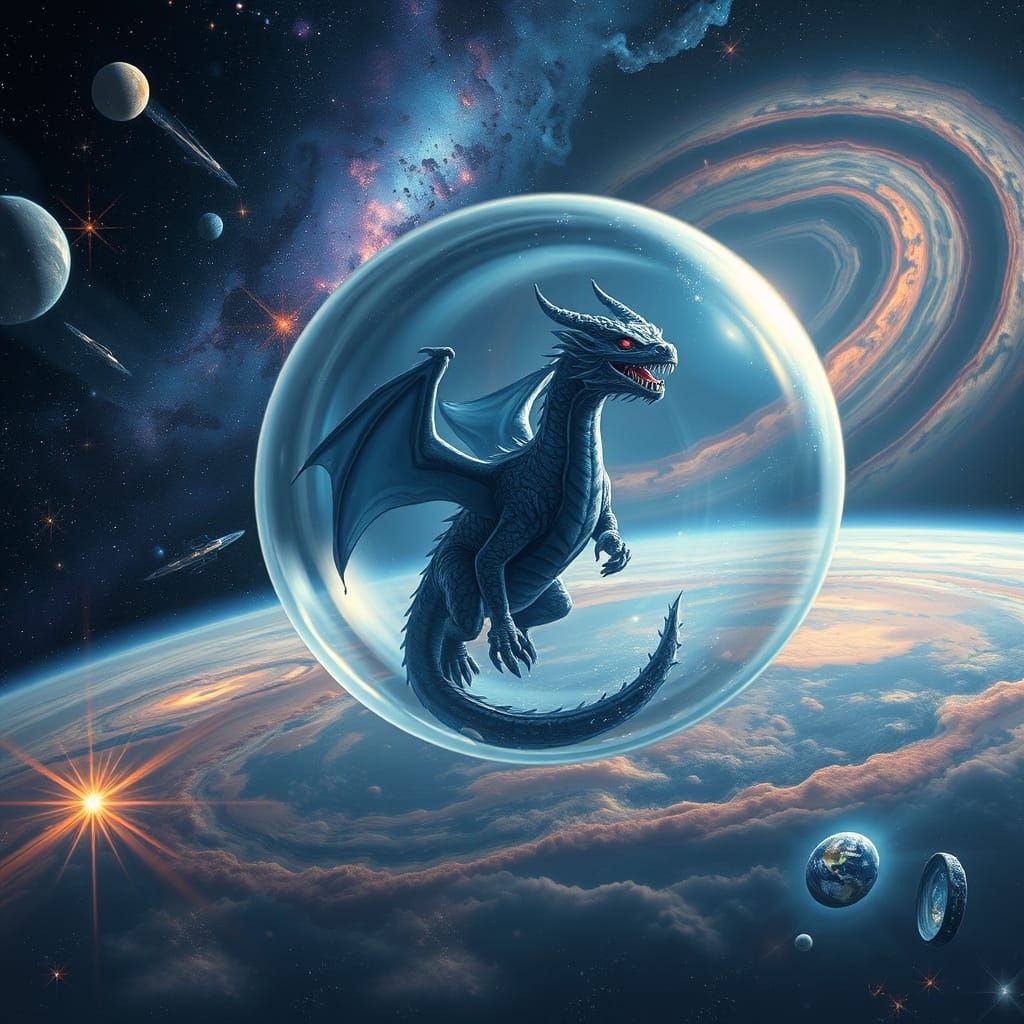 Night Fury Dragon Soaring Through Galaxy in Bubble