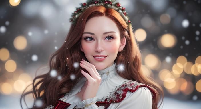 Young Woman in Victorian Dress with Christmas Snowflakes